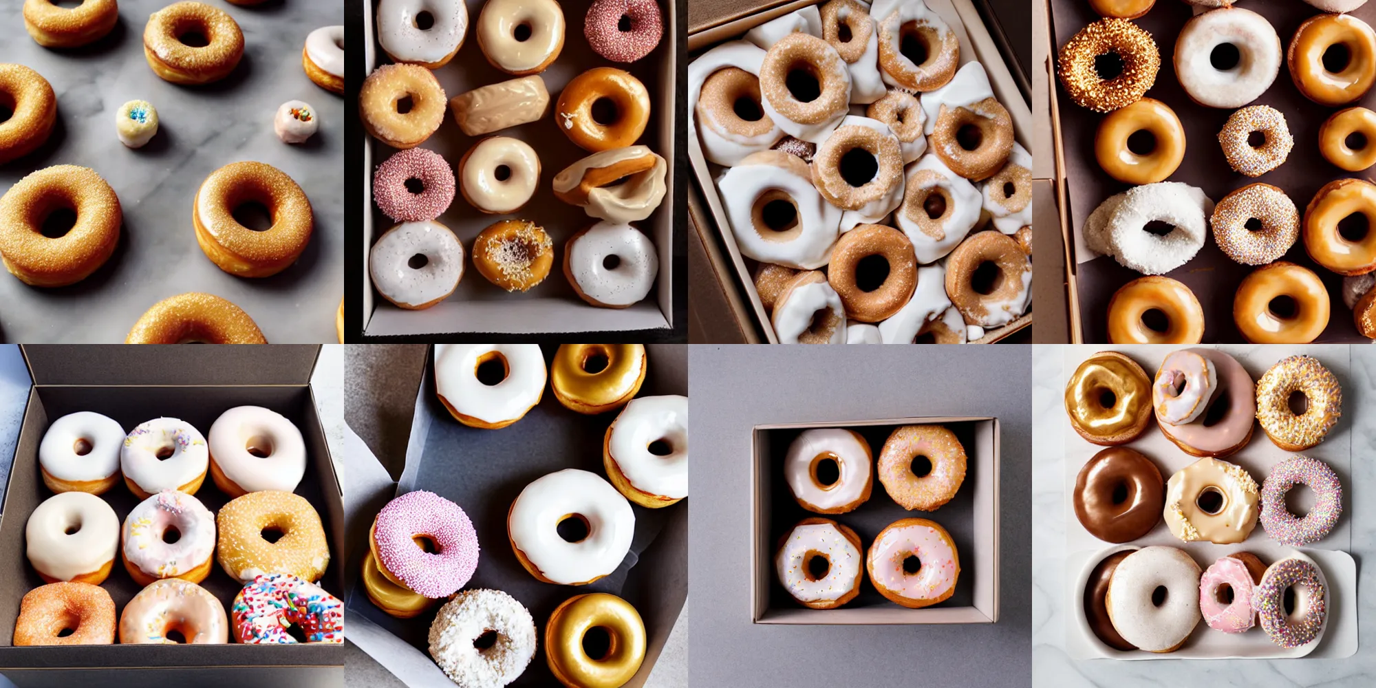 Prompt: box of donuts made of marble and golden glazing