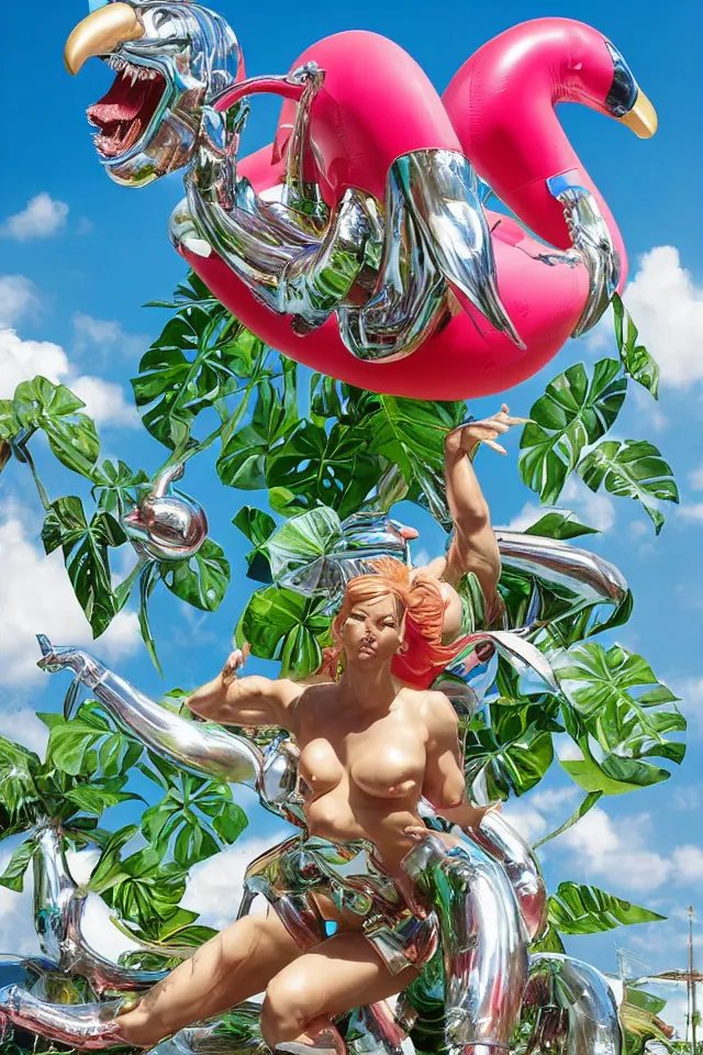 Image similar to an extreme close - up of a statue chrome cyborg lycra nymph battling a giant inflatable flamingo pool float, tropical flowers arnold schwarzenegger and monstera plants, fireworks thick smoke, by jeff koons, hajime soryama, boris vallejo, artgerm, greg rutkowski, alphonse mucha