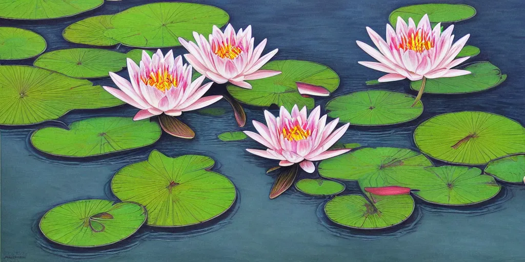 Image similar to a beautiful painting of waterlily pond by aaron horkey, trending on artstation