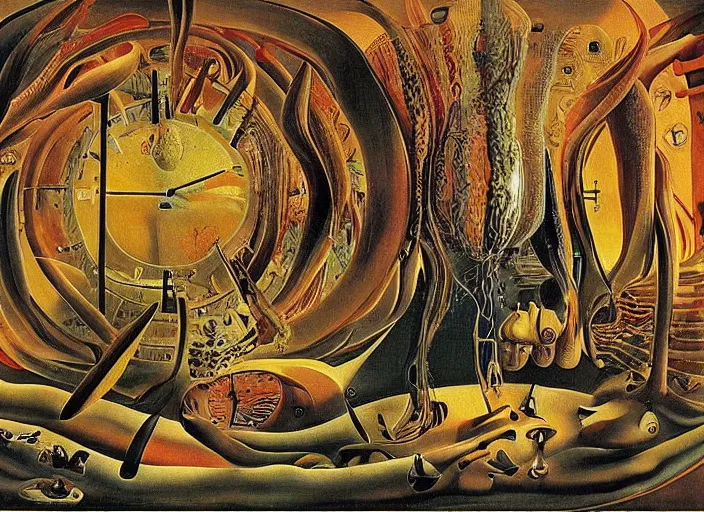 Prompt: a surreal painting titled'the parametric decisions of a fishes strange life made by soft thick flesh and burning wooden stick constructions - the clock of medusa'by salvador dali and max ernst, dramatic lighting, organic, hyperdetailed, vibrant, intricate