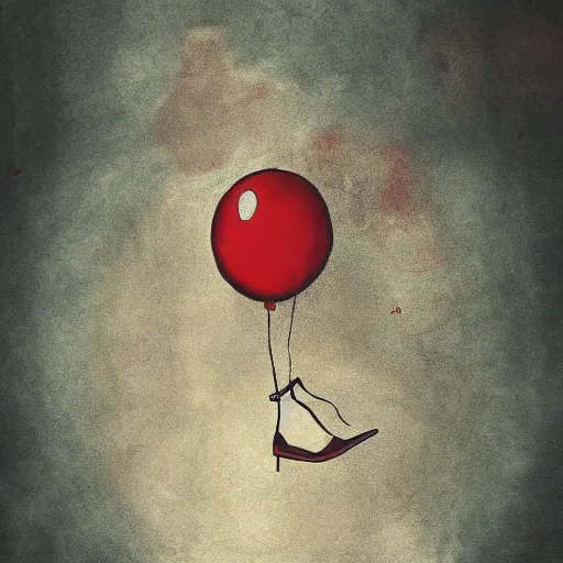 Image similar to grunge painting of a shoe with a wide smile and a red balloon by tim burton, loony toons style, pennywise style, corpse bride style, rick and morty style, creepy lighting, horror theme, detailed, elegant, intricate, conceptual