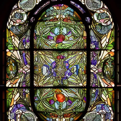 Prompt: stained glass window, insanely detailed, expressive gouache style, hyper realistic, digital art, fantasy, design with snake scales, fractal details. art nouveau design of stained glass window, octane render