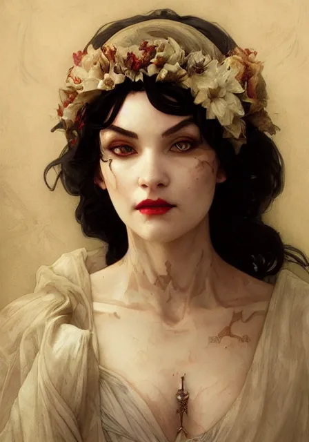 Image similar to snow white zombie mummy, intricate, elegant, highly detailed, digital painting, artstation, concept art, smooth, sharp focus, illustration, art by artgerm and greg rutkowski and alphonse mucha and william - adolphe bouguereau