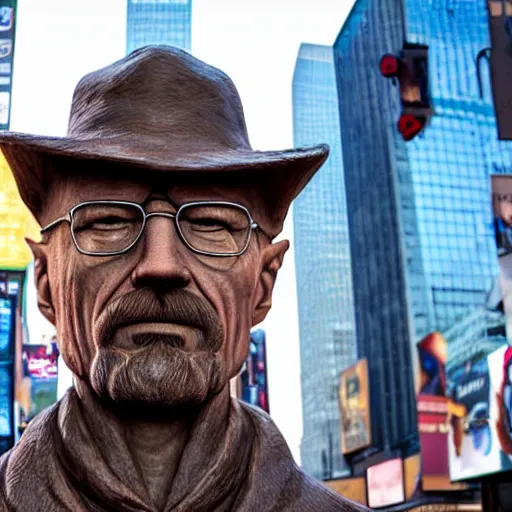 Image similar to long shot of a very detailed renaissance sculpture of walter white in a hat by michelangelo, standing in times square, 3 d render, hyper detailed, sharp focus, 8 k resolution