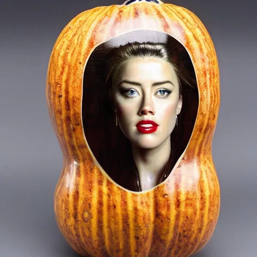 Image similar to gourd with face of amber heard hybrid intercross mix as a gourd