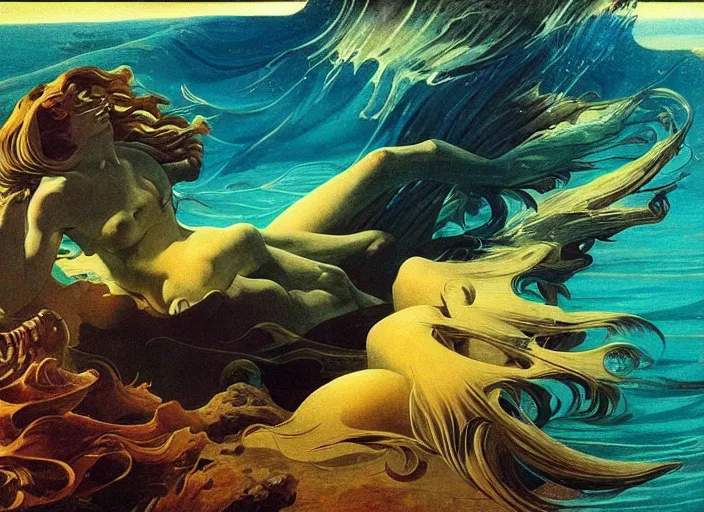 Prompt: underwater landscape, golden hour, dramatic lighting, fluid, smooth, bright, colours, high contrast, sharpness, very detailed, intricate, by hildebrandt brothers, frazetta, giorgio de chirico and botticelli