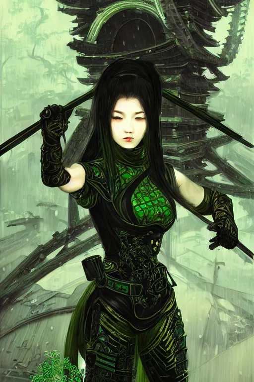 Prompt: portrait Ninja gaiden girl, armored black and green ninja wardrobe, in ruin japanese rainny temple night, ssci-fi and fantasy, intricate and very very beautiful and elegant, highly detailed, digital painting, artstation, concept art, smooth and sharp focus, illustration, art by tian zi and WLOP and alphonse mucha