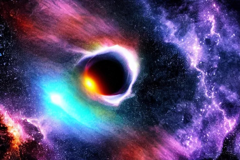 Prompt: photograph of a black hole in space, ominous, galaxy, colorful background, photograph, realistic,