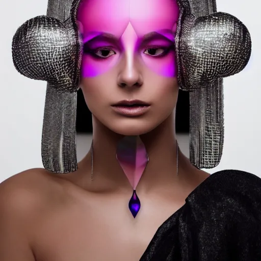 Image similar to portrait of a beautiful futuristic woman layered with high-tech jewelry wrapping around her face and head, silver-magenta light