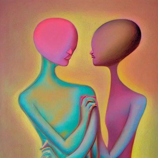 Image similar to abstract figurative art, lovers eat, moebius, dreamy, muted, pastel colors