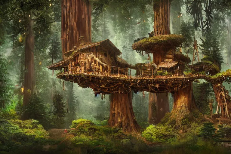 Image similar to various treehouses mounted on giant redwood tree trunks, interconnected by rope bridges, fantasy setting, dense vegetation, very detailed, d & d concept art, 4 k