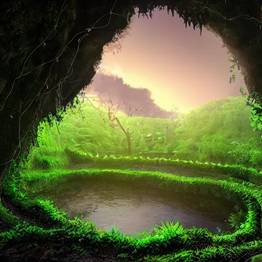 Prompt: glowing cave, hidden by a curtain of vines, covered by lush green vines, rocks, small pool of water, trickling water, stone, hidden, forest, night, glow, magical, magic, fantasy, professional, high quality, highly detailed, award-winning, awe-inspiring, spectacular, HD, 4K, 8K