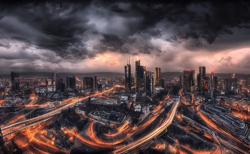 Image similar to a dramatic frankfurt skyline photo by ryan dyar, highly detailed, 8 k