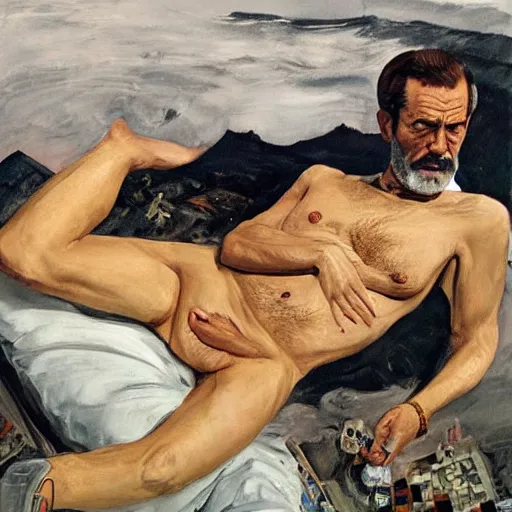 Image similar to sigmund freud as james bond, by robert e. mcginnis, by lucian freud, by neo rauch