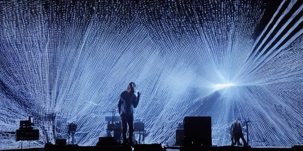 Image similar to Thom Yorke singer songwriter, Radiohead group of people on stage playing instruments, elaborate stage effects, dust, smoke, giant LED screens, colored projections, ultrafine detail, glowing thin wires, smoke, high contrast, projections, a screenshot by David Gilmour Blythe, holography, tesseract, volumetric lighting, anamorphic lens flare