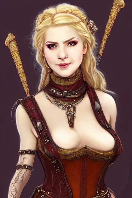 Image similar to Portrait of seductive female bard, D&D, revealing stylish dress like leather armor, holding a hurdy gurdy, choker on neck, long blonde or red hair, mouth slightly open, slight nerdy smile, fantasy, intricate, elegant, highly detailed, digital painting, artstation, concept art, smooth, sharp focus, illustration, art by artgerm and greg rutkowski and alphonse mucha