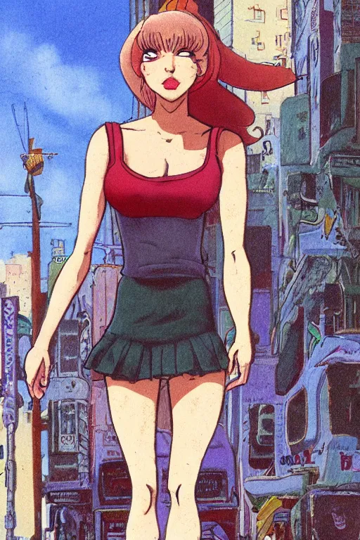 Image similar to portrait of an attractive young female protagonist, center focus, ponytail, skirt, tank - top, in city street, detailed face, artwork by ralph bakshi