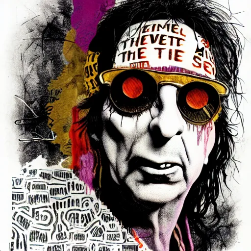 Image similar to graphic illustration, creative design, alice cooper, biopunk, francis bacon, highly detailed, hunter s thompson, mixed media