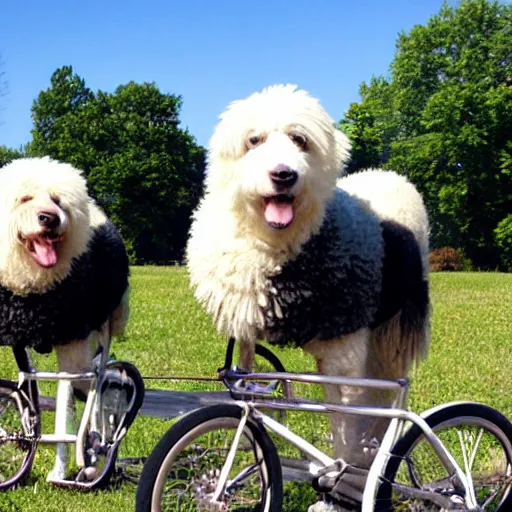 Image similar to two old english sheep dogs on a tandem bicycle