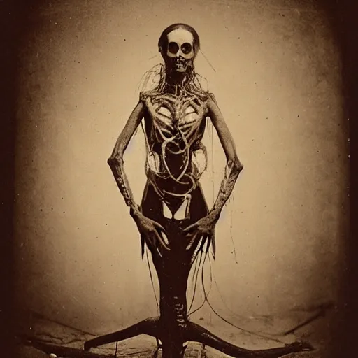 Image similar to 1860 photo of an old freak show spider-woman, on the middle of a forest, spooky , veins, arteries, intricate, golden ratio, full frame, elegant, highly detailed, ornate, ornament, sculpture, elegant , luxury, beautifully lit, ray trace, 3d, PBR