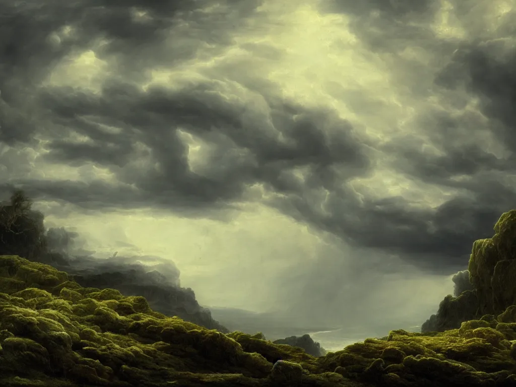 Image similar to detailed landscape, high cliff, very detailed dark super storm, hyper realistic clouds, impressive, magical, very atmospheric, smoke boiling, cinematic, deep, very high complexity, stunning, masterpiece, chiaroscuro, in the style of caspar david friedrich, very detailed. 4 k