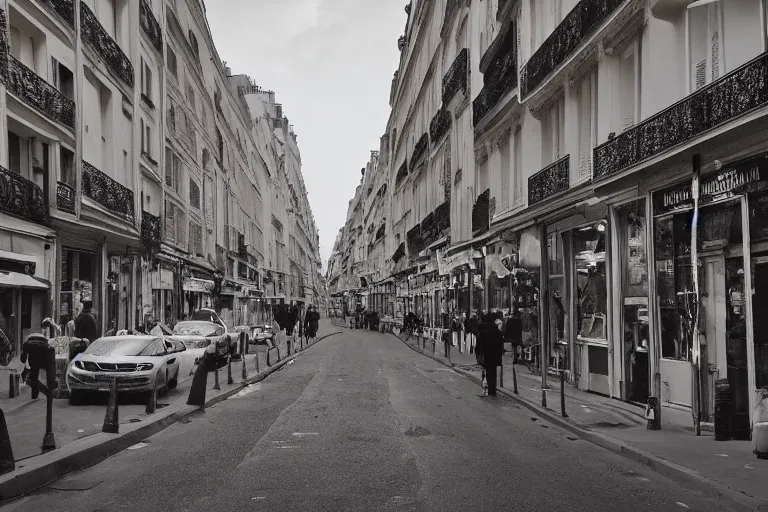 Image similar to photo of the streets of Paris under American domination, US colonization, military occupation, dystopia, science fiction, highly detailed, super realistic, cinematic, intense lighting, apple logo, flags, American military cyborgs, French paranoia