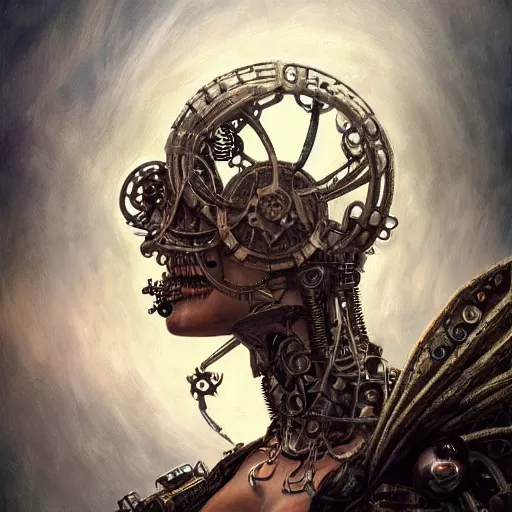 Image similar to low angle shot of a steampunk cyborg with a human face by clive barker, intricate, elegant, highly detailed, centered, digital painting, artstation, concept art, smooth, sharp focus, illustration, artgerm, Tomasz Alen Kopera, Peter Mohrbacher donato giancola, Joseph Christian Leyendecker, WLOP, Boris Vallejo.