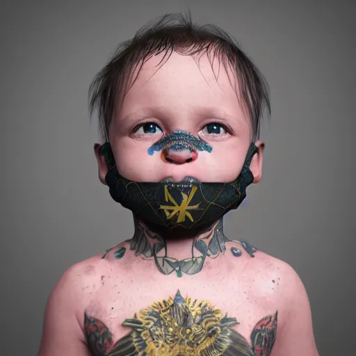 Image similar to 3D render of a baby covered in tattoos wearing a cloth balaclava and showing its gold grill on its teeth, octane render, 3d, cinema4d, cgsociety, artstation