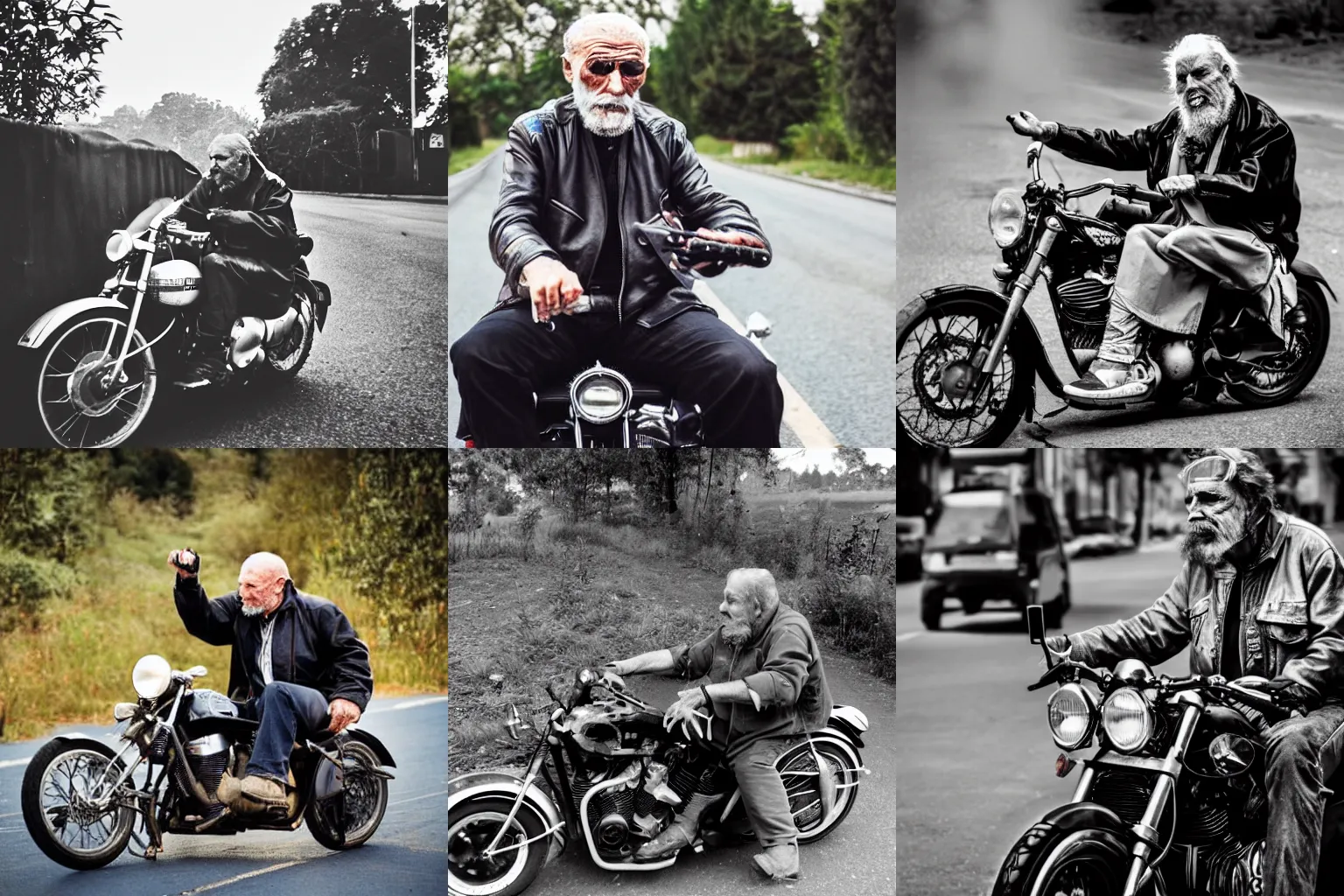 Prompt: old biker smoking a cigarette sitting on a motorbike