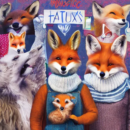 Image similar to photorealistic music album cover, with foxes animals wearing clothes, all looking at camera, studio lighting, award winning photograph, 8 5 mm f / 1. 4