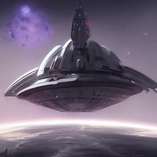 Image similar to concept art of a large space vessel in the shape of an spear flying through the space, scifi, beautiful ilumination, artstation hq