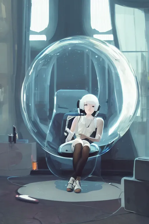 Image similar to a cute young woman listening to music in a bubble chair with her eyes closed and wearing headphones, white bob cut hair, freckles, cyberpunk setting, vivid colors, soft lighting, cinematic, moody, nier automata, poster, oil on canvas, in the style of Ilya Kuvshinov, 8k