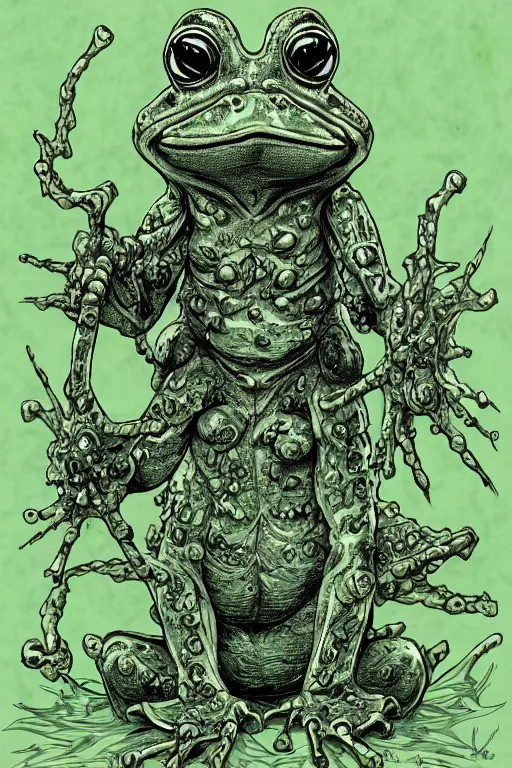 Image similar to humanoid toad warrior, frog themed, bog, symmetrical, highly detailed, digital art, sharp focus, trending on art station, kentaro miura manga art style