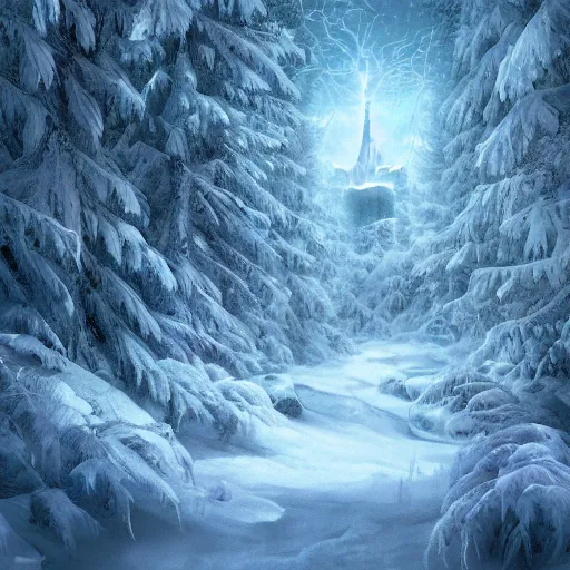 Image similar to a wizards portal above the trees of a cold winter forest, storybook illustration, octane render, detailed painting, by katherine federer, anthony pafford, harry gamboa and tracy flickinger