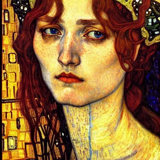 Image similar to detailed realistic beautiful young medieval queen face portrait by jean delville, gustav klimt and vincent van gogh, art nouveau, symbolist, visionary, gothic, pre - raphaelite