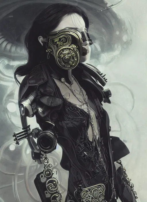 Image similar to a cyborg with mask, black leather garment with art nouveau ivory accessories, cyberpunk, darksynth, luxury, concept art by jama jurabaev, extremely detailed, ominous, ethereal, andree wallin, edvige faini, masamune shirow, alphonse mucha