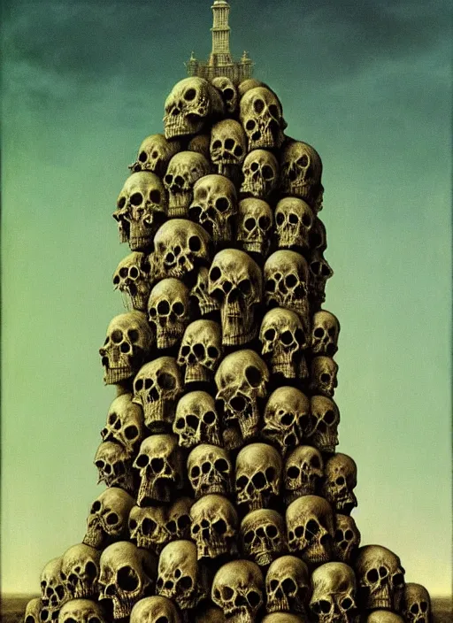 Image similar to a tower of skulls. highly detailed painting by zdzisław beksinski and henry fuseli. 8 k