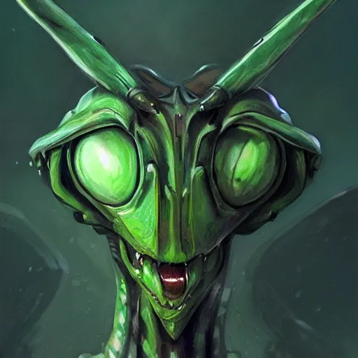 Prompt: portrait of green anthropomorphic mantis religiosa ; hard predatory look ; d & d rogue ; powerful front forelegs holding an enchanted dagger ; flat triangle - shaped head with antennae and compound eyes ; concept art ; artstation ; 8 k ; wallpapers ; heavy contrast ; cinematic art ; cgsociety ; art by greg rutkowski and artgerm