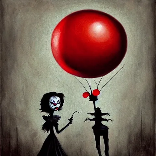 Prompt: grunge painting of creepypasta with a wide smile and a red balloon by chris leib, loony toons style, pennywise style, corpse bride style, horror theme, detailed, elegant, intricate, Atmospheric phenomenon, conceptual, volumetric light