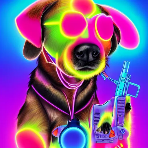 Prompt: portrait of a puppy with UV neon fur holding a gun, in style of Lisa Frank, Artgerm, WLOP, featured on Artstation, deviantart