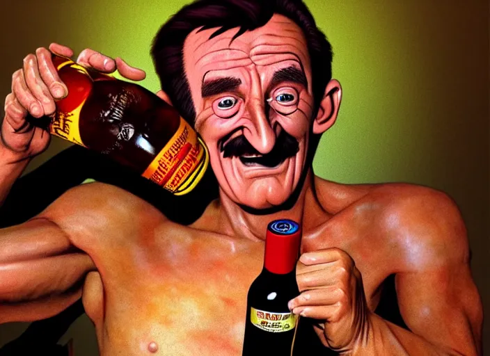 Image similar to barry chuckle chugging a bottle of snake oil, artwork by richard corben, 3 d, high resolution 8 k