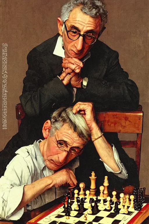 Prompt: franco battiato playing chess painted by norman rockwell