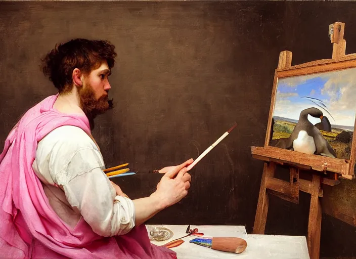 Image similar to a young painter in his studio painting a picture of a pink penguin, by edgar maxence and caravaggio and michael whelan and delacroix style, artistic, intricate drawing, cinematic lighting, hyper realistic, extremely detailed, establishing shot, 8 k resolution, dramatic lighting