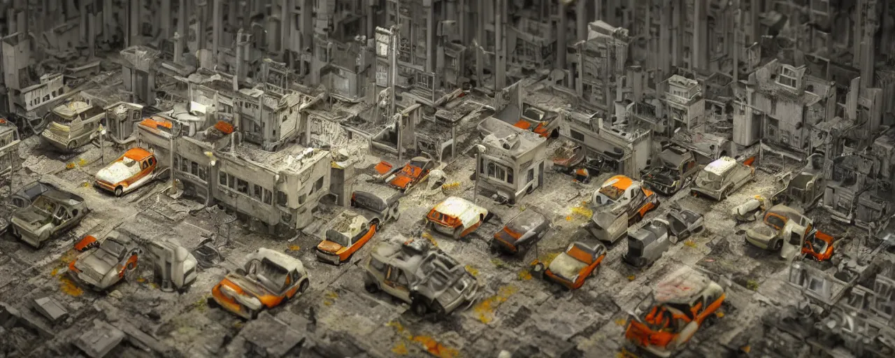 Image similar to mega detailed miniature voxel diorama abandoned research facility, brutalism architecture, tilt shift suburban, hard lights are on in the windows, dark night, fog, winter, blizzard, uncozy and not peaceful atmosphere, row of street lamps with warm orange light, several ruins nearby, cold war era 1 9 6 0