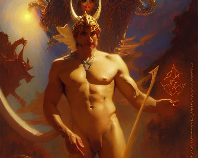 Image similar to attractive male deity, casting demonic magic, summoning handsome lucifer morning star. highly detailed painting by gaston bussiere, craig mullins, j. c. leyendecker 8 k