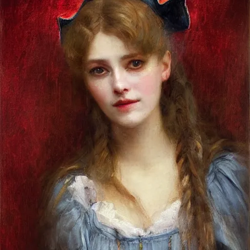 Image similar to Solomon Joseph Solomon and Richard Schmid and Jeremy Lipking victorian genre painting portrait painting of a happy young beautiful woman traditional german french actress model pirate wench in fantasy costume, red background