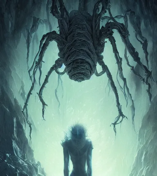 Image similar to realistic landscape beautiful concept art of cinematic movie scene when nebula mutate into facehugger. horror, created by gustave dore and greg rutkowski, high detailed, smooth draw, synthwave neon retro, intricate, realistic proportions, dramatic lighting, trending on artstation.