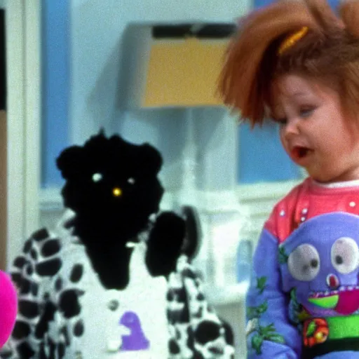 Prompt: a still from a liminal and frightening episode of Barney from 1995