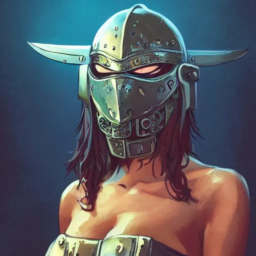 Image similar to cyberpunk viking helmet mask warrior goddess robot ninja fantasy, art gta 5 cover, official fanart behance hd artstation by jesper ejsing, by rhads, makoto shinkai and lois van baarle, ilya kuvshinov, ossdraws