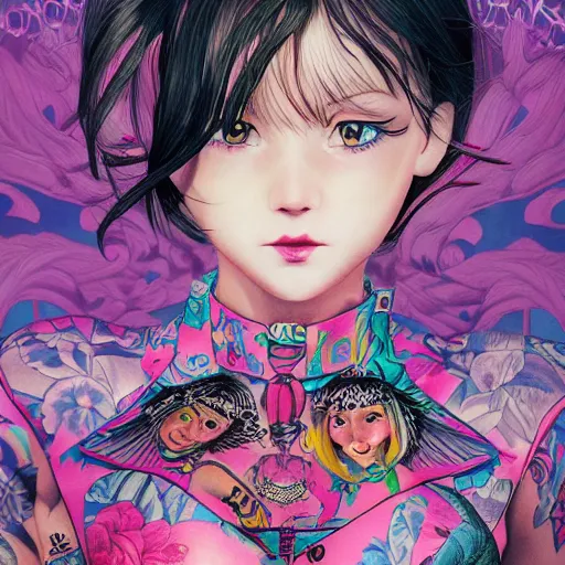 Image similar to tattooed little girl wearing an gucci's outfit. art by ilya kuvshinov, profile picture, inspired by hirohiko araki, highly detailed, 8 0 s anime art style, realistic, vogue cover